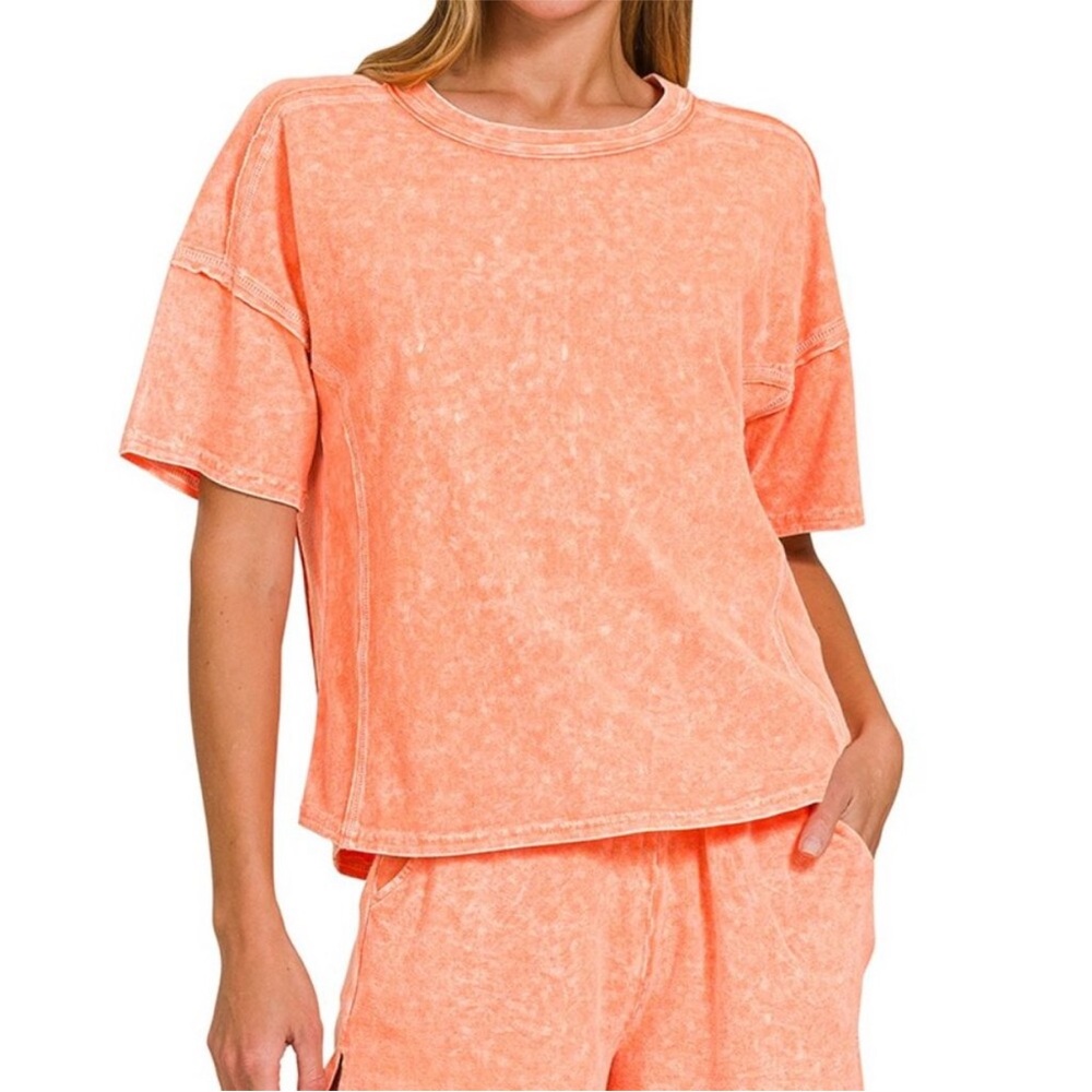 Zenana Outfitters Washed Coral Short Sleeve Tee and shorts set